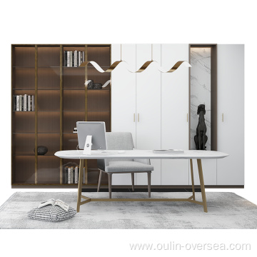 Modern white wooden corner bookcase with computer desk